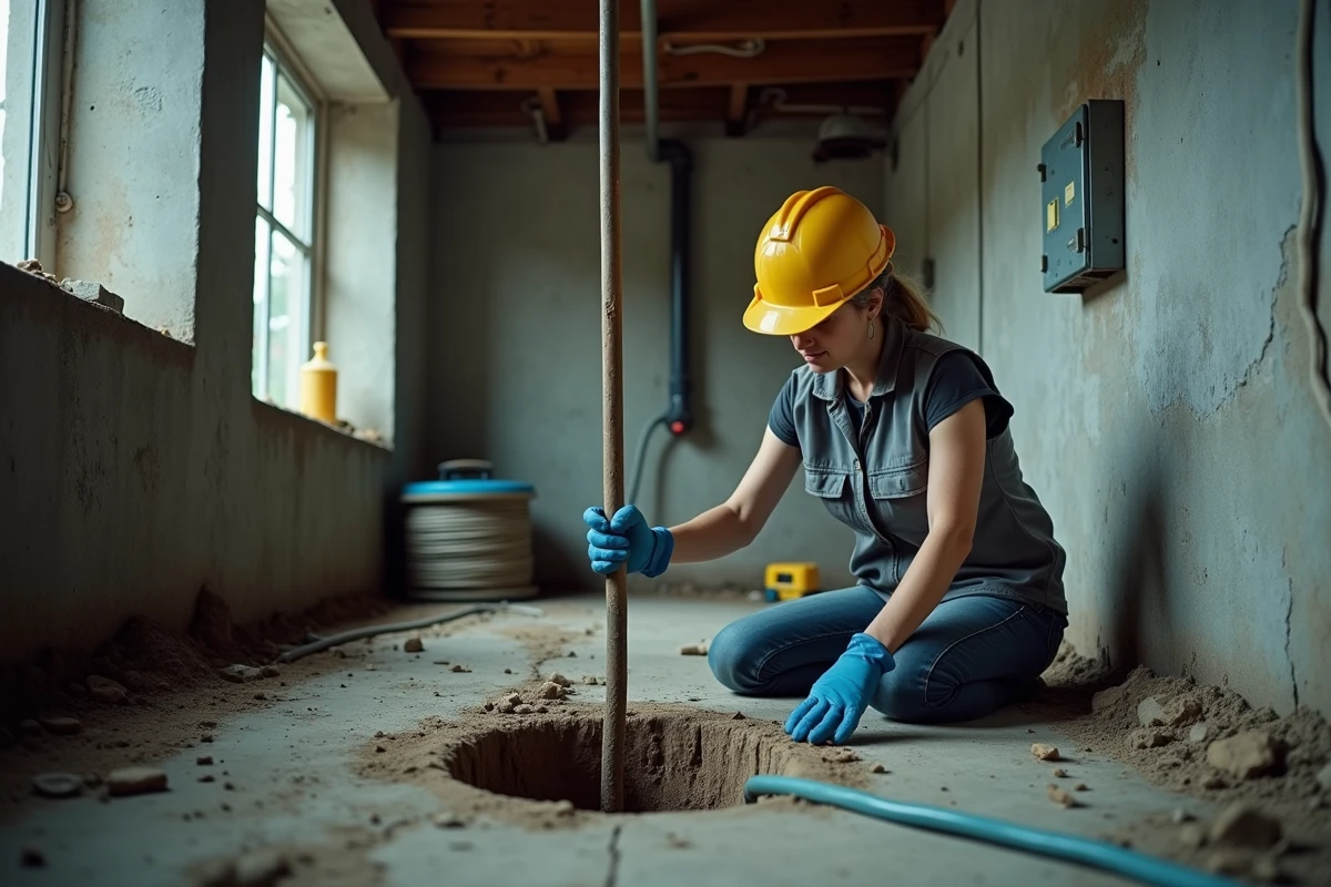 Électricienne installant une prise de terre avec piquet de mise à la terre dans le sous-sol d'une vieille maison en cours de rénovation électrique