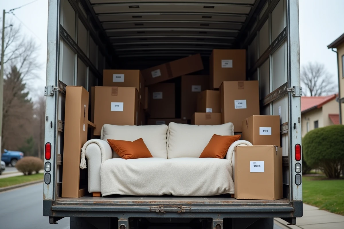 Intérieur d'un camion de déménagement entièrement chargé de meubles et cartons pour un appartement de 100 mètres carrés