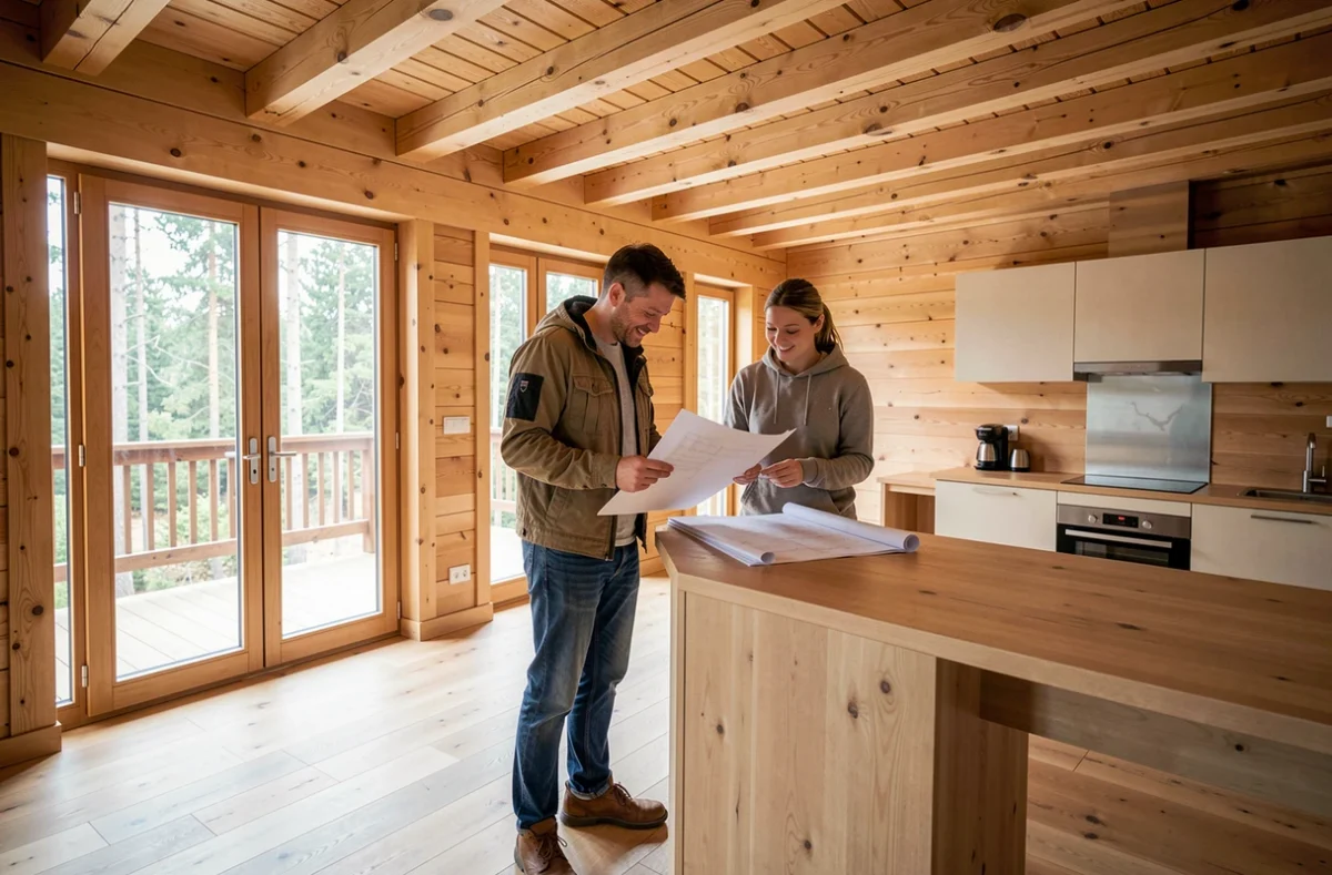 Intérieur d'un chalet en bois habitable 80m2 avec espace de vie ouvert en pin naturel et couple examinant les plans lors de la réception