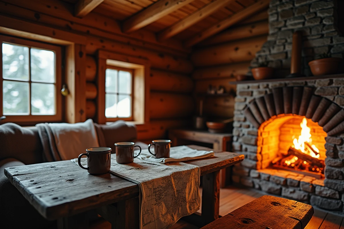Intérieur chaleureux d'un refuge de montagne avec cheminée en pierre et mobilier rustique