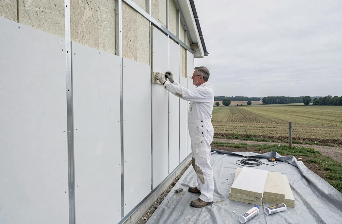Spécialiste d'Isol'Artois posant des panneaux d'isolation thermique par l'extérieur sur une maison près de Béthune