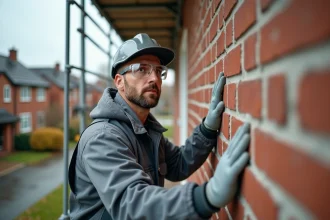 Artisan installant des panneaux d'isolation thermique par l'extérieur sur une maison en brique lors de travaux de rénovation énergétique