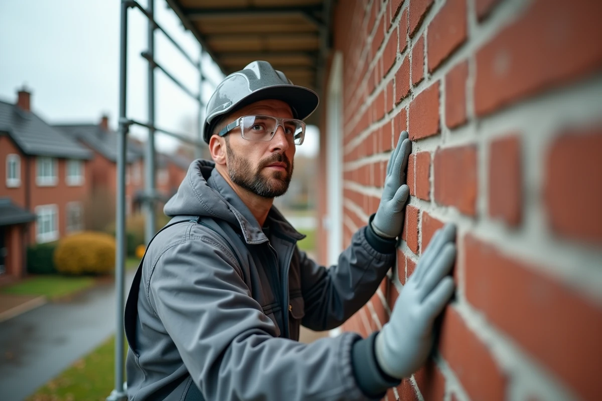 Artisan installant des panneaux d'isolation thermique par l'extérieur sur une maison en brique lors de travaux de rénovation énergétique