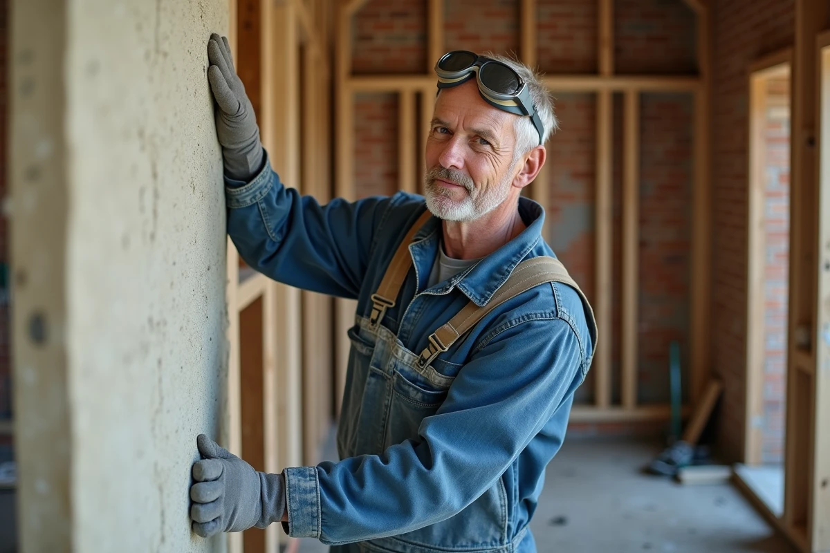 Artisan en combinaison installant un panneau de laine minérale sur un mur intérieur brut lors d'une rénovation