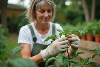 Jardinière inspectant des feuilles de tomates infestées de pucerons dans un potager surélevé