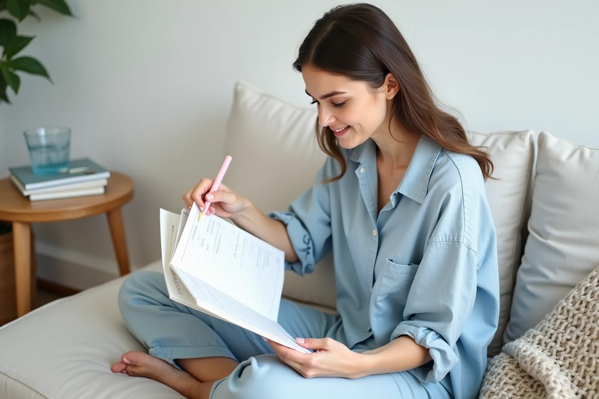 Jeune femme consultant son semainier imprimé assise sur un canapé en lin dans un intérieur scandinave