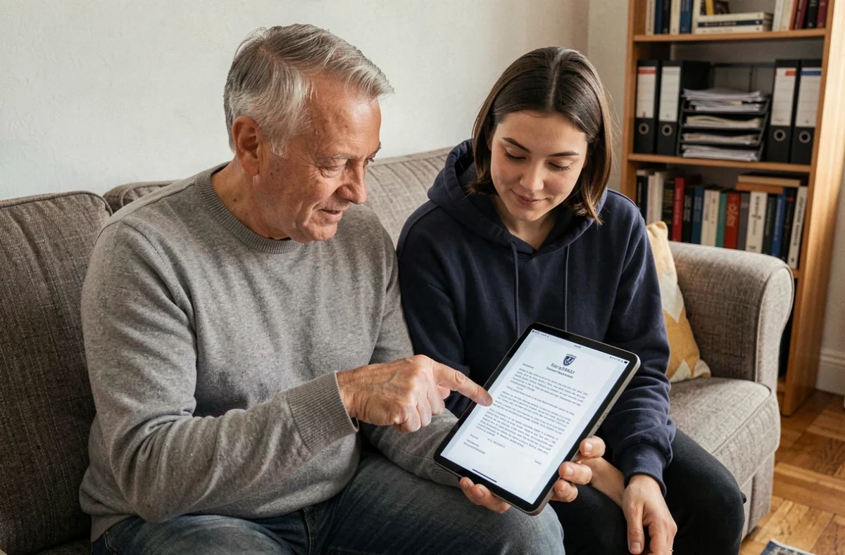 Un homme et une jeune femme consultant un justificatif de domicile en ligne sur une tablette dans un salon