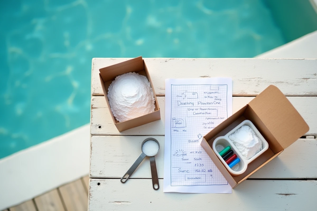 Vue de dessus d'un kit d'entretien de piscine avec bicarbonate de soude et test de pH