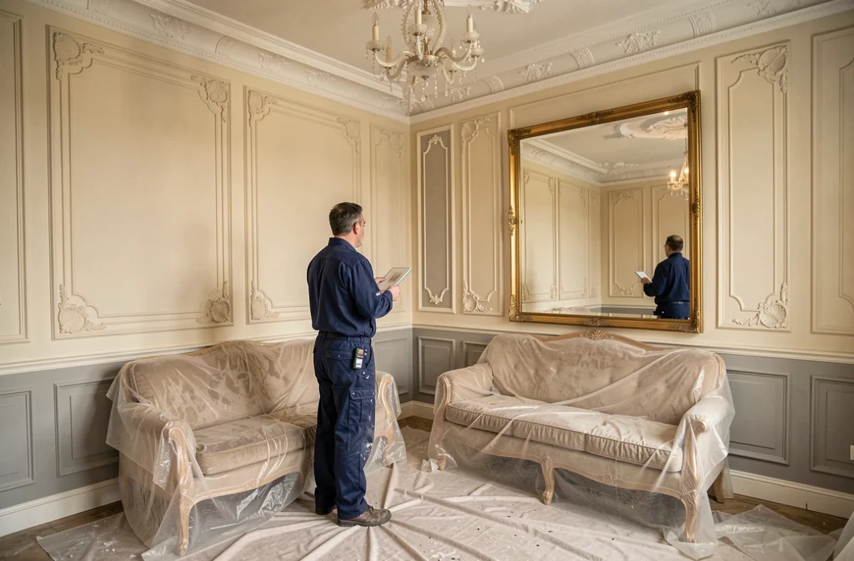 Peintre de LP Peinture et Décoration évaluant un mur décoratif fraîchement peint dans une maison classique à Antony