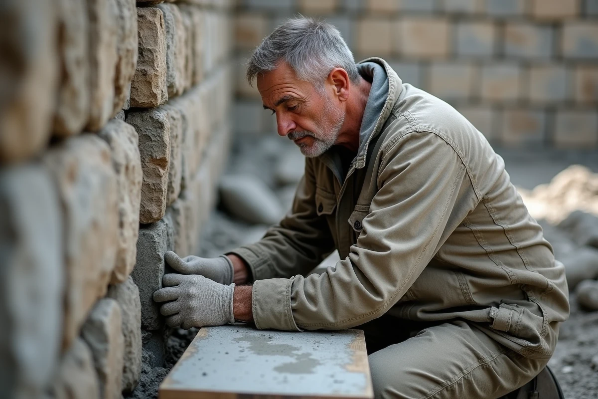 Maçon inspectant des fissures dans un mortier frais sur un mur en pierre lors d'un chantier de rénovation extérieur