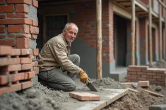Maçon expérimenté utilisant une truelle en acier pour étaler du mortier sur un mur de briques lors d'un chantier de rénovation