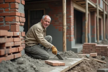 Maçon expérimenté utilisant une truelle en acier pour étaler du mortier sur un mur de briques lors d'un chantier de rénovation