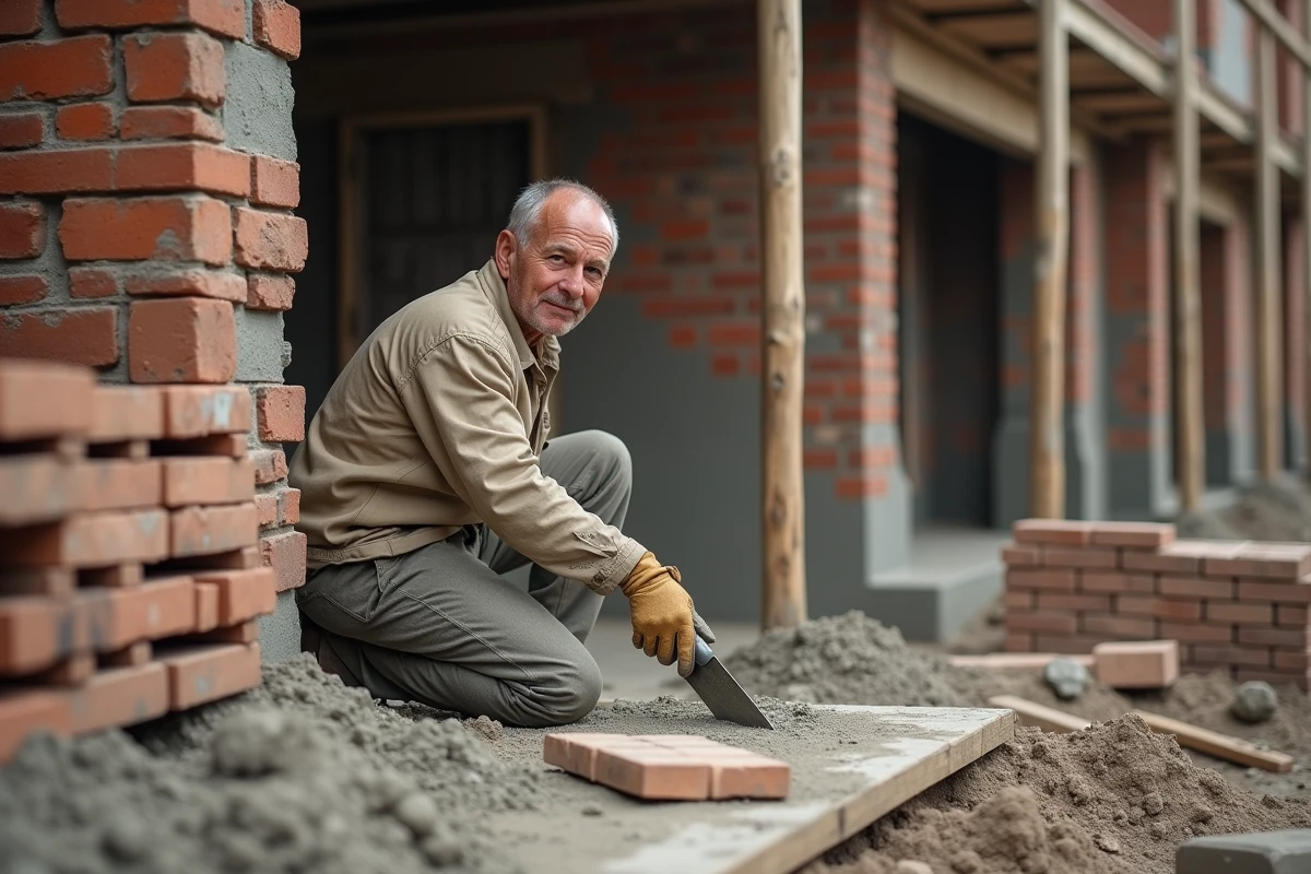 Maçon expérimenté utilisant une truelle en acier pour étaler du mortier sur un mur de briques lors d'un chantier de rénovation