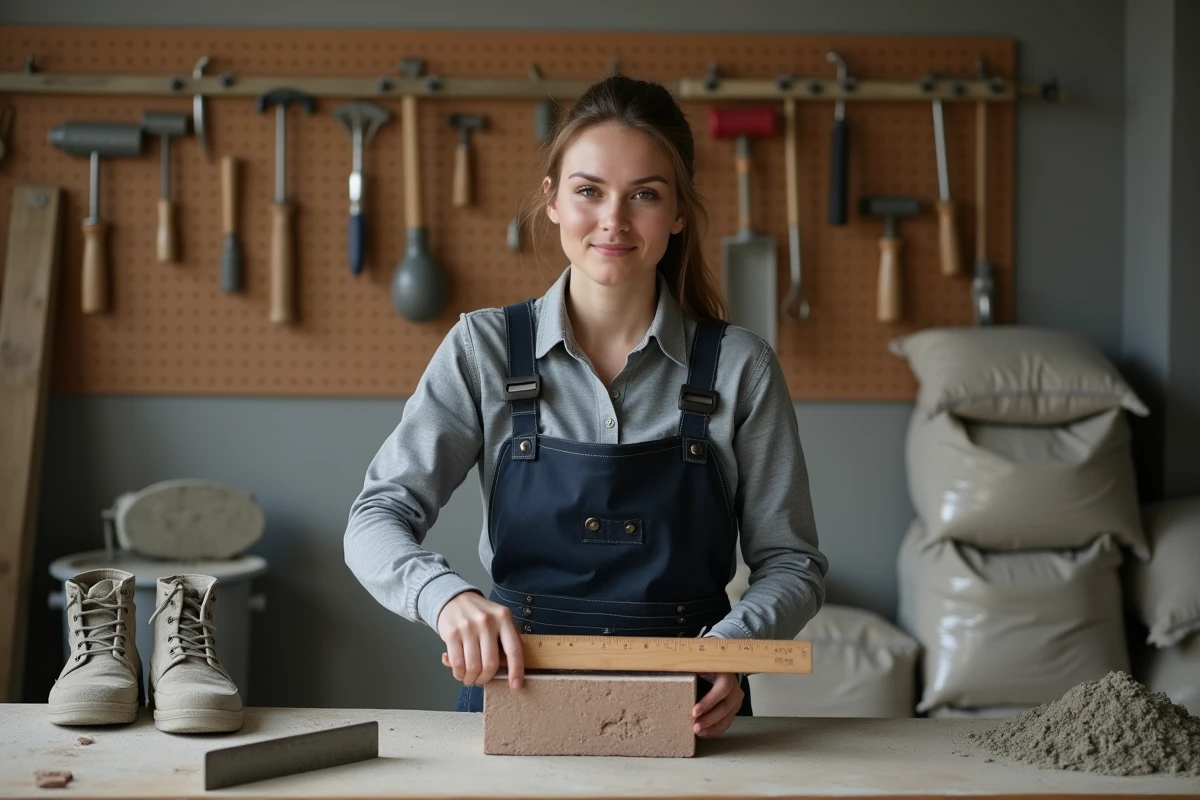 Maçonne mesurant une brique avec une règle pliante dans un atelier de maçonnerie équipé d'outils professionnels accrochés au mur