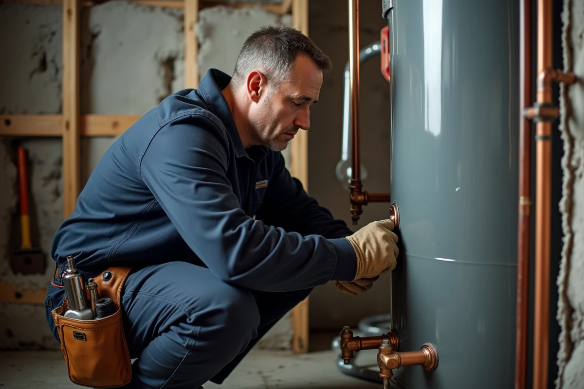 Plombier inspectant un chauffe-eau solaire en panne dans une chaufferie, représentant les coûts et contraintes de maintenance
