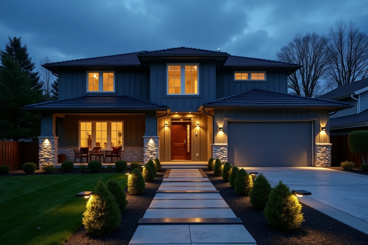 Maison moderne avec des ampoules LED installées dans des luminaires extérieurs sur la terrasse, l'allée et le garage au crépuscule