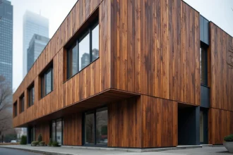 Façade architecturale moderne en bois lamellé-croisé et acier corten oxydé dans un contexte urbain contemporain