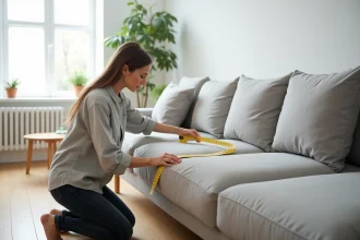 Femme mesurant la largeur d'un canapé trois places avec un mètre ruban dans un salon scandinave