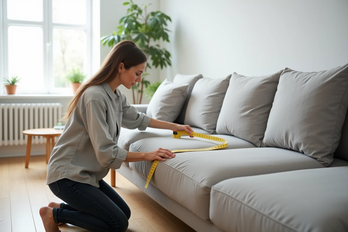 Femme mesurant la largeur d'un canapé trois places avec un mètre ruban dans un salon scandinave