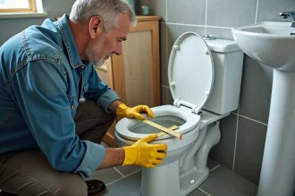 Plombier mesurant un siphon Dudley dans un réservoir de chasse d'eau avec un mètre ruban jaune