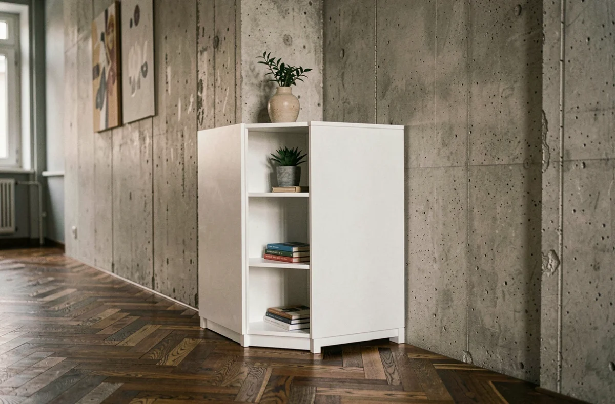 Meuble d'angle TV blanc sur parquet sombre dans un appartement aux murs en béton brut, décoré avec soin