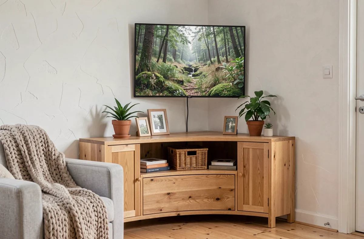 Meuble TV d'angle en chêne style scandinave avec étagères décorées dans un salon cosy