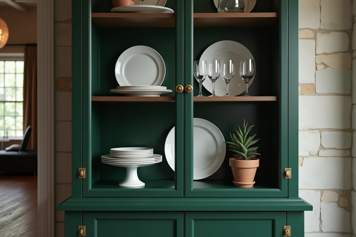 Intérieur d'un meuble vitrine de salle à manger vert forêt avec assiettes en porcelaine, verres en cristal et plantes succulentes