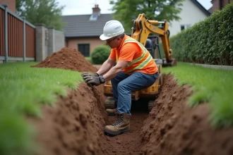 Opérateur de mini pelle creusant une tranchée étroite sur un chantier résidentiel