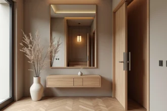 Miroir accroché en face d'une porte d'entrée dans un couloir d'appartement moderne, illustration de la superstition feng shui
