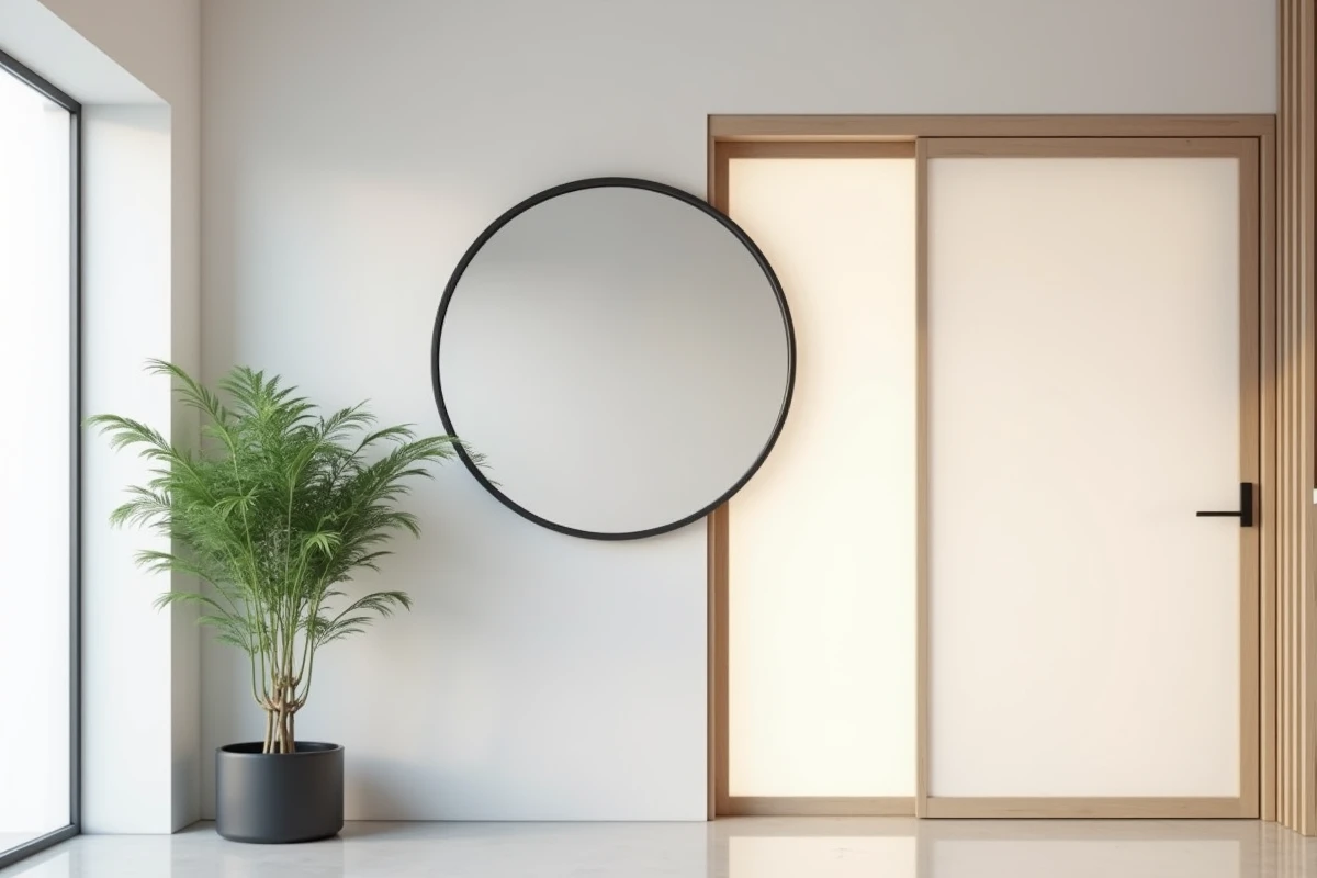 Couloir minimaliste feng shui avec miroir rond face à une porte coulissante en bois et verre dépoli, symbolique du miroir opposé à une porte
