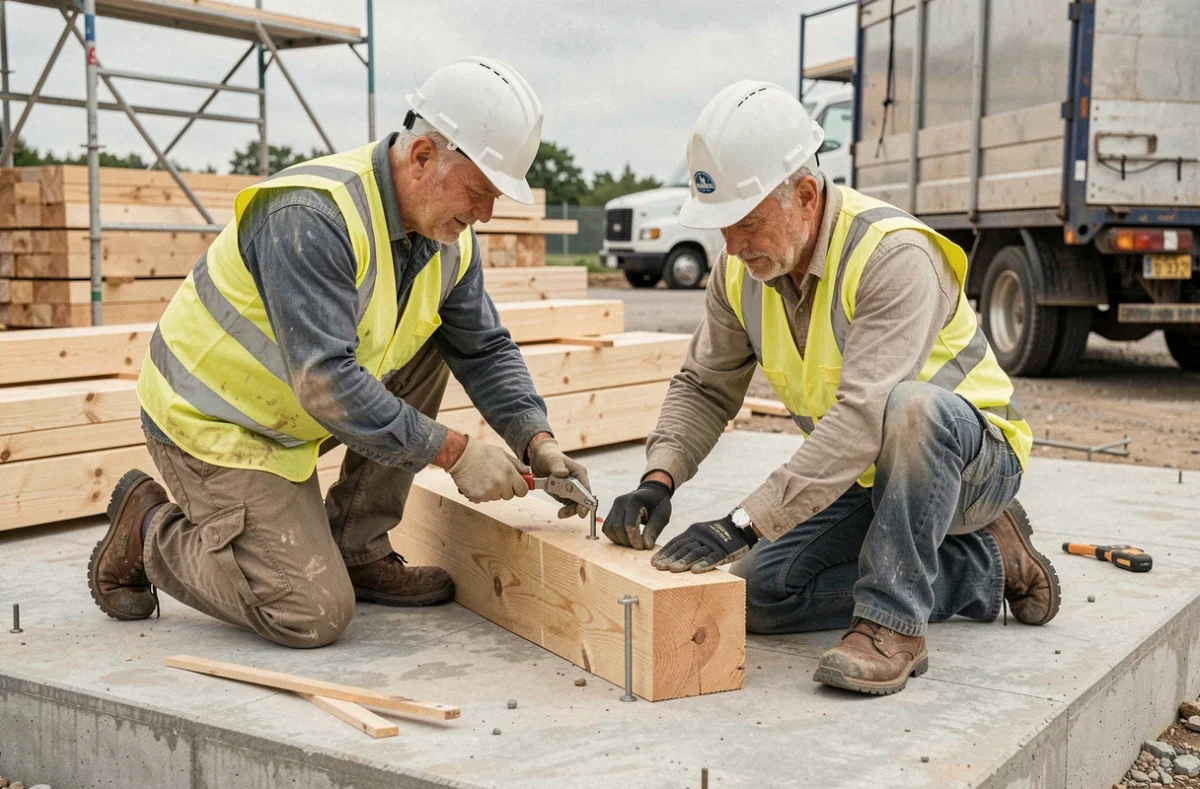 Montage d'un chalet en bois préfabriqué par deux ouvriers fixant des panneaux muraux sur dalle béton lors de la livraison