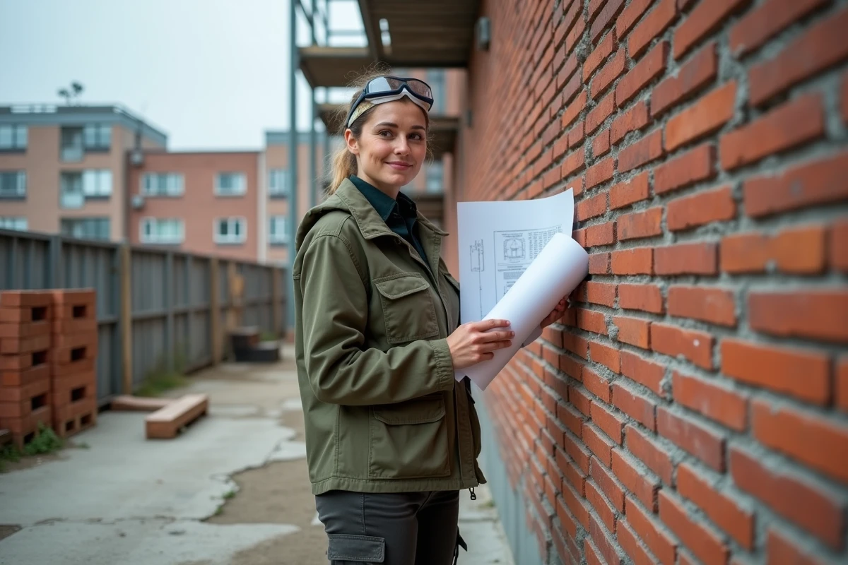 Femme cheffe de chantier inspectant un mur extérieur en briques de récupération lors d'une rénovation à petit budget