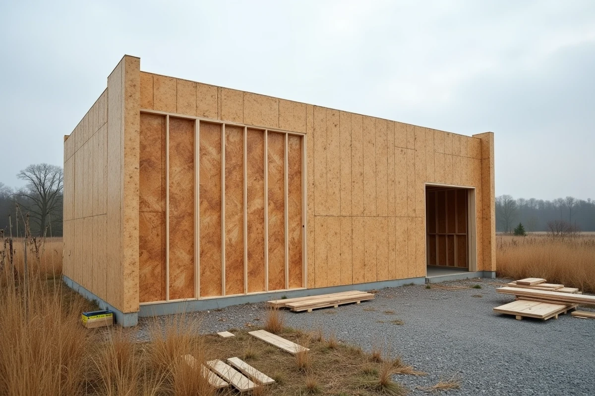 Mur extérieur en ossature bois et panneaux OSB sur un chantier d'autoconstruction rural, solution économique de construction