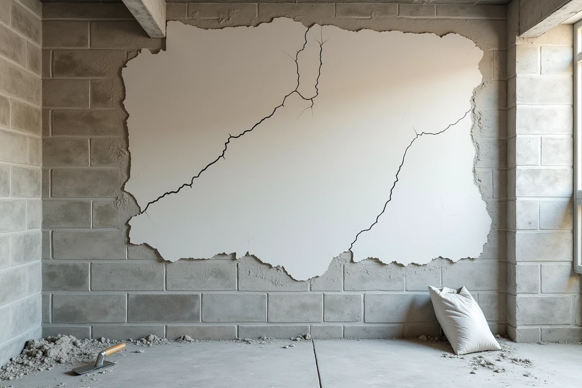 Mur de sous-sol en parpaings avec des sections de mortier neuf fissuré et des outils de maçonnerie posés au sol