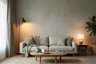 Salon moderne avec trois lampes d'appoint différentes réparties harmonieusement dans la pièce pour une ambiance chaleureuse et équilibrée