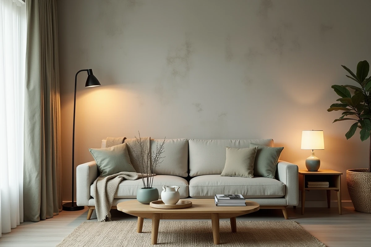 Salon moderne avec trois lampes d'appoint différentes réparties harmonieusement dans la pièce pour une ambiance chaleureuse et équilibrée