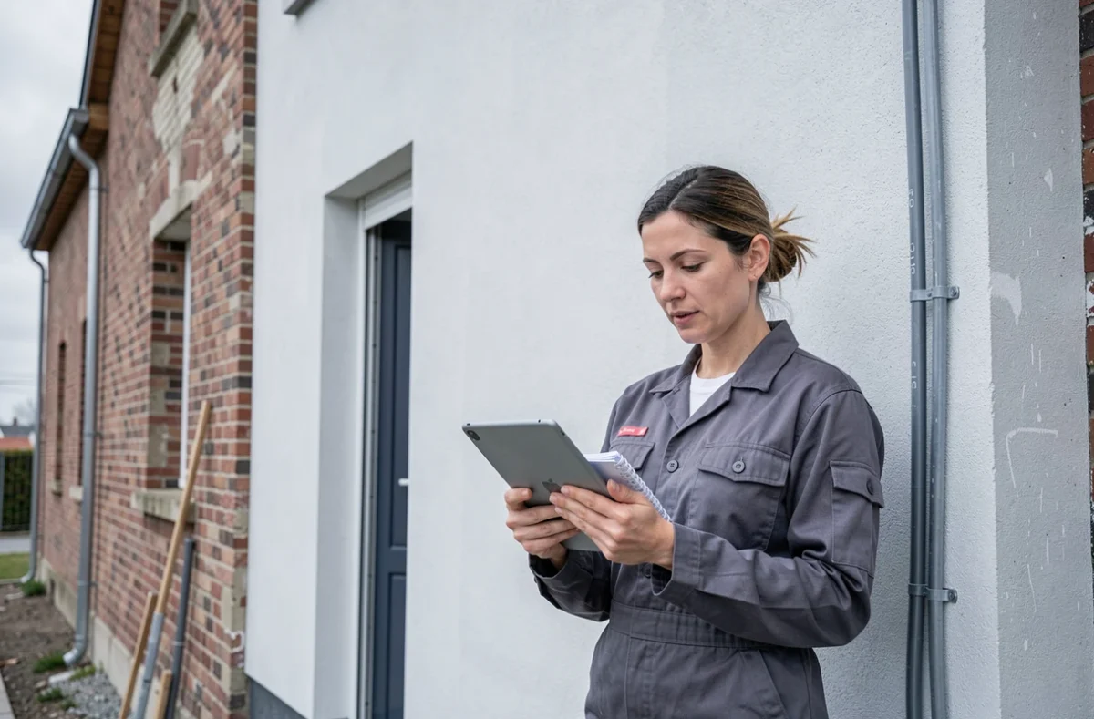 Spécialiste de Nova Entreprise inspectant une façade rénovée avec travaux d'électricité à Croix