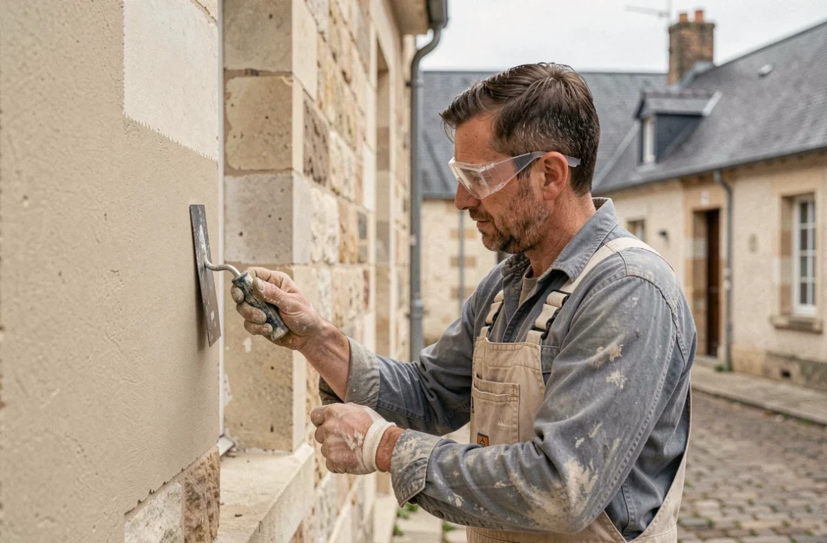 Artisan ravalement appliquant un enduit sur une façade en pierre près d'Arras pour ONSENOCCUPE