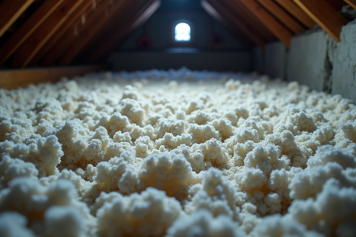 Ouate de cellulose soufflée couvrant uniformément le plancher de combles perdus entre les solives en bois