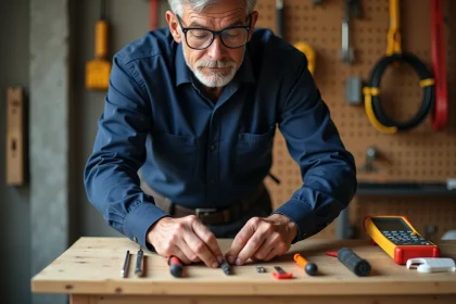 Électricien professionnel préparant ses outils indispensables sur un établi avant le branchement d'un bouton poussoir Legrand
