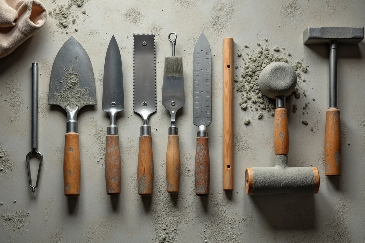 Vue de dessus d'une collection d'outils de maçonnerie professionnels posés sur un sol en béton, incluant truelles, niveau et maillet en caoutchouc
