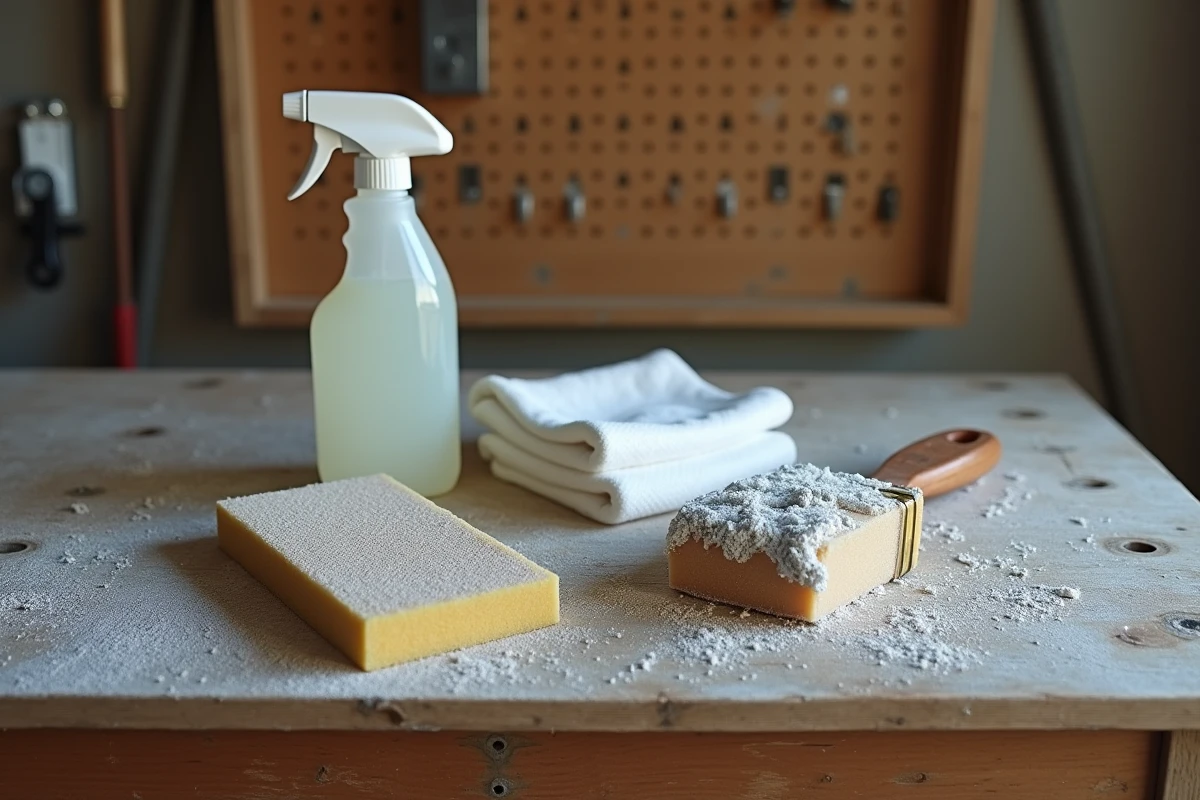 Vue rapprochée des outils et produits nécessaires pour nettoyer et préparer un mur avant de le peindre