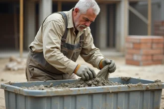 Ouvrier du bâtiment mélangeant du ciment avec des fibres anti-fissures sur un chantier de construction
