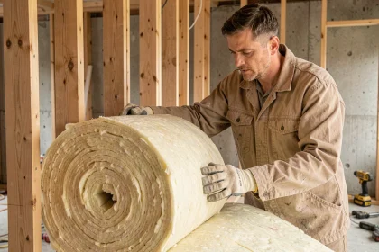 Ouvrier déroulant un rouleau d'isolant thermique et acoustique sur un mur en ossature bois dans une maison en rénovation