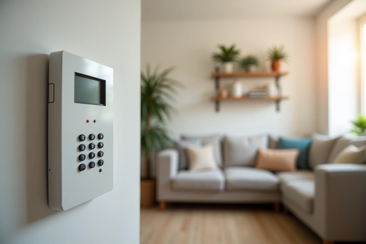 Panneau de contrôle d'alarme maison installé sur un mur de salon avec clavier numérique