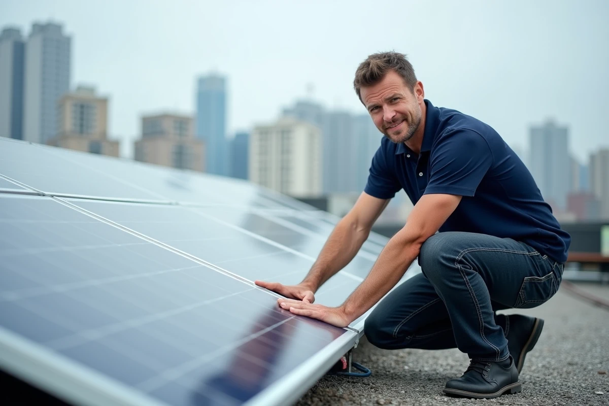 Homme inspectant des panneaux solaires sur un toit urbain pour optimiser la production d'énergie renouvelable