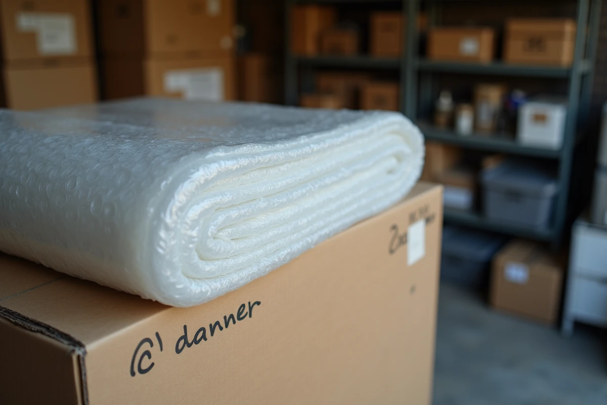 Pile de papier bulle usagé à donner gratuitement dans un garage avec boîte en carton