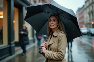 Femme dont le parapluie se retourne sous le vent dans une rue mouillée de la ville