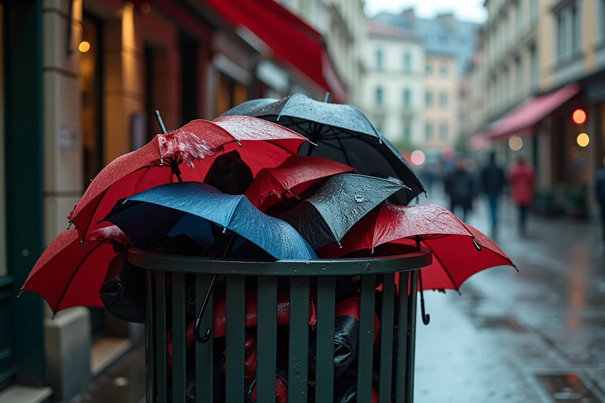 Poubelle remplie de parapluies cassés abandonnés sur un trottoir mouillé