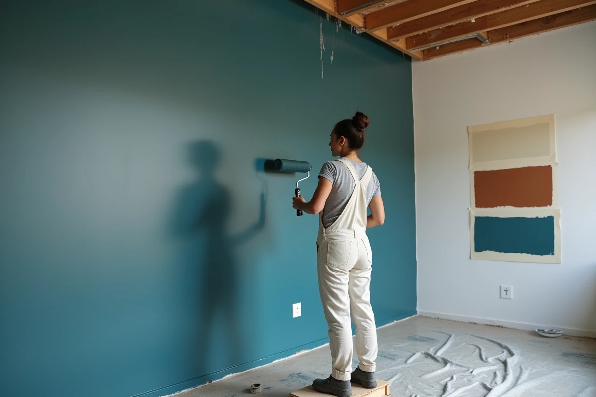 Peintre professionnelle appliquant une peinture bleu ardoise sur le mur d'un loft en rénovation avec des échantillons de couleurs visibles